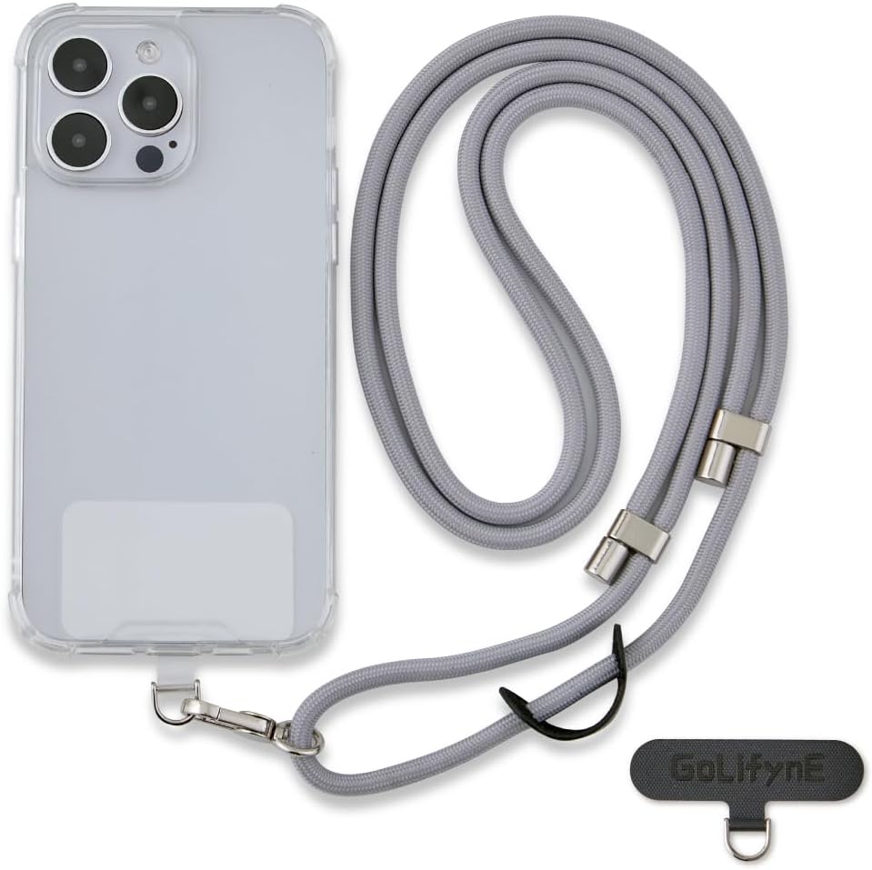 Universal Phone Lanyard, Anti-Theft Crossbody Strap for iPhone 15 Pro Max and Most Smartphones, Adjustable Cell Phone Neck Holder w/ 2 Non-Adhesive Tether Tabs for Men and Women, Grey/Silver