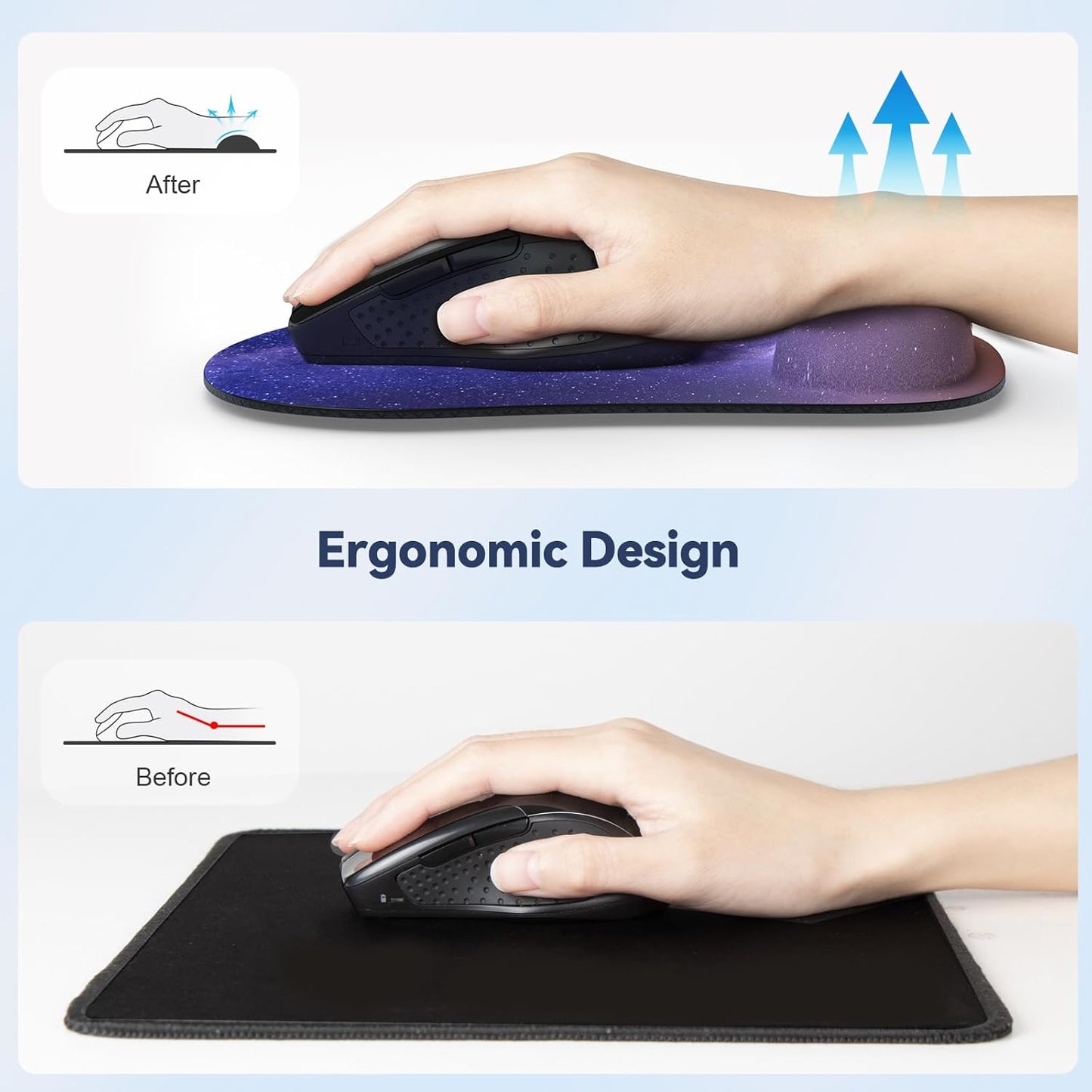 TECKNET 2 Pack Mouse Pad with Wrist Support, Ergonomic Gaming Mouse Pad Pain Relief, Portable Comfortable Mousepad for Computer, Laptop, Office, Home Non-Slip Base, Waterproof Surface - Purple Galaxy