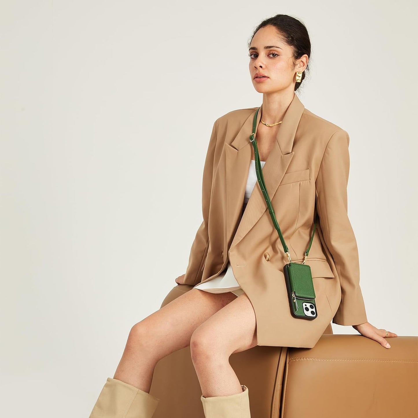 ZVE for iPhone 15 Pro Max Crossbody Wallet Case, Card Holder Phone Purse for Women, Zipper RFID Blocking Leather Cover with Wrist Strap for iPhone 15 Pro Max (6.7 inch)- Dark Green