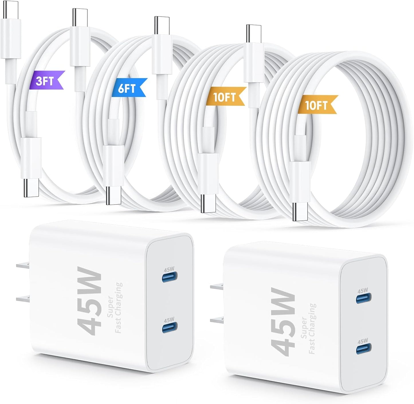 iPhone 16 15 Pro Max Charger Fast Charging,45W Dual Port USB C Fast Charger Block [2-Pack] & Extra Long 60W 3/6/10/10FT USB C Cable - PD Quick Adapter 3.0 for iPhone 16 15/16 15Pro/16 15 Plus.