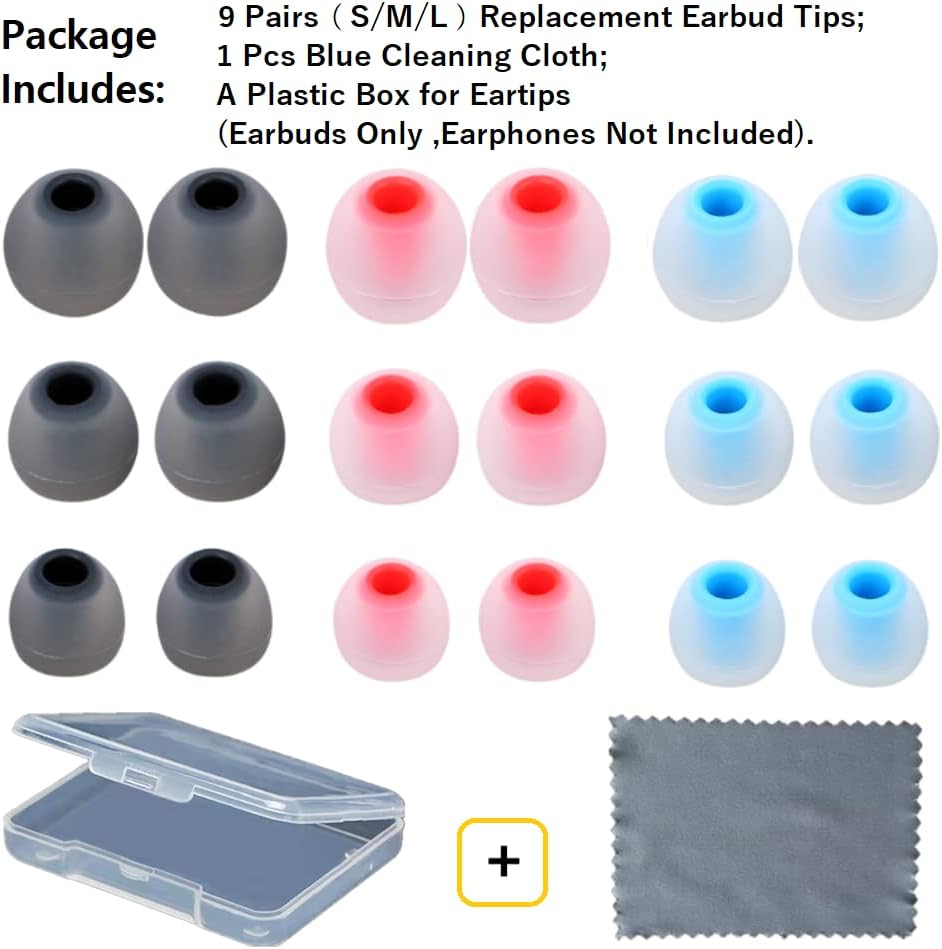 9 Pairs Earbuds Replacement Tips SML, Soft Comfortable Silicone Earbud Tips Fit Most Inner Hole 3.8mm -5.1mm Headphones