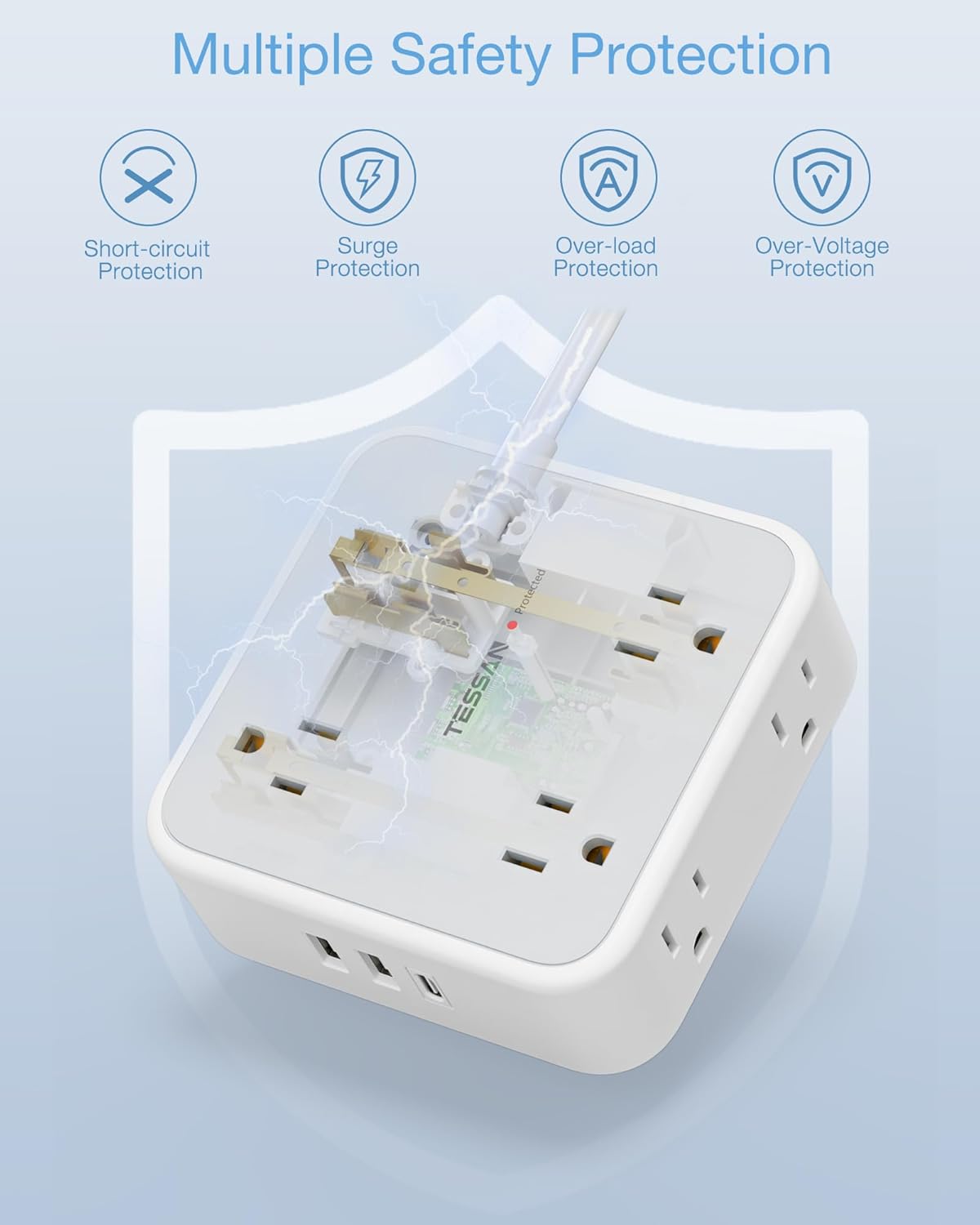 TESSAN Power Strip Surge Protector 10 Ft Cord, 8 AC Outlets, 3 USB Charger(1 USB C Port), Ultra Thin Extension Cord, Flat Plug, 900 Joules Protection, Desk Charging Station for Home, Office
