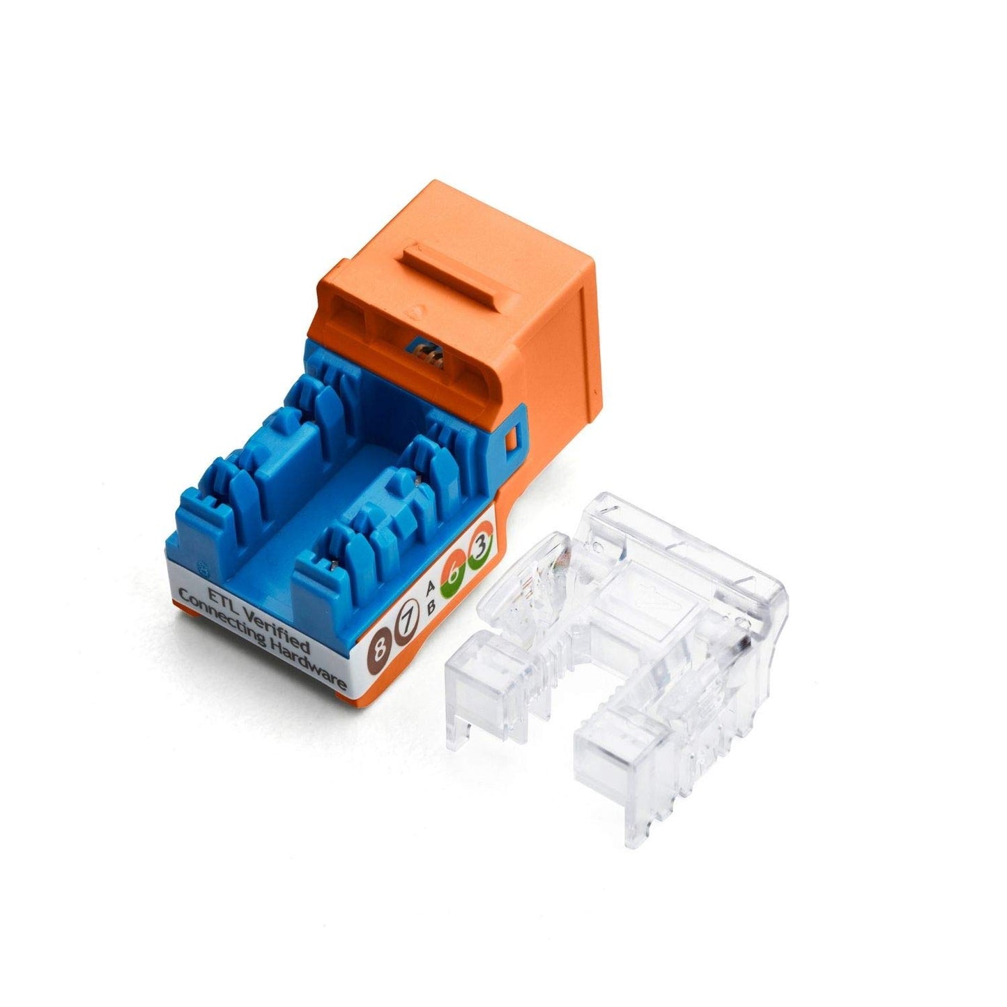trueCABLE Cat5e Keystone Jack, Unshielded (UTP), 90 Degree Punch-Down, PoE++ (4PPoE) 100W, UL Listed, ETL Verified, ANSI/TIA Certified, Modular RJ45 Female, Orange, 48 Pack