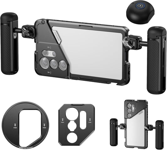 NEEWER PA082 S25 Ultra Phone Cage Holder for Recording Filming with 2X Handle, 67mm Filter Adapter, 17mm Lens Backplate, T Mount Adapter, Video Rig Stabilizer Compatible with Samsung Galaxy S25 Ultra