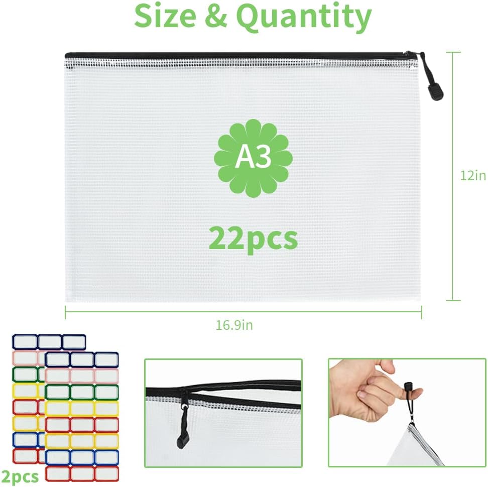 Vuzvuv 22Pcs A3 Size-16.9"x 12" Large Mesh Zipper Pouch with Label Sticker, Plastic Document Mesh Bag for File Board Game School Office Home Travel Storage（43cm30cm）