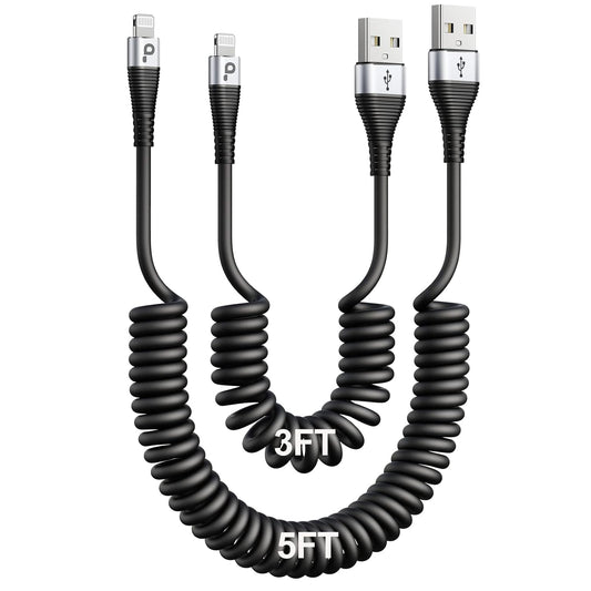 iPhone Charger Cable for Car (3FT/5FT), 2Pack Coiled Lightning Cable, [Apple MFi Certified] Retractable Charging Cord Compatible with iPhone 14/13/12/11 Pro Max/XS MAX/XR/XS/8/iPad/iPod/CarPlay
