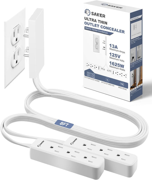 Saker Outlet Cover Extension Cord | 8ft Flat Extension Cord with 3 Outlets,1625W | Universal Size Outlet Concealer | Outlet Cover Baby Proofing for Kitchen, Home and Office(Dual 8ft)
