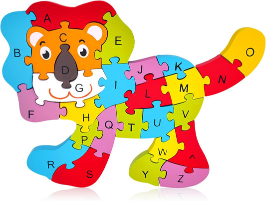 LovesTown Wooden Puzzle Learning Toys Alphabet Number Building Blocks Educational Gift for Preschool Kids Animal Lion Jigsaw 26 PCS