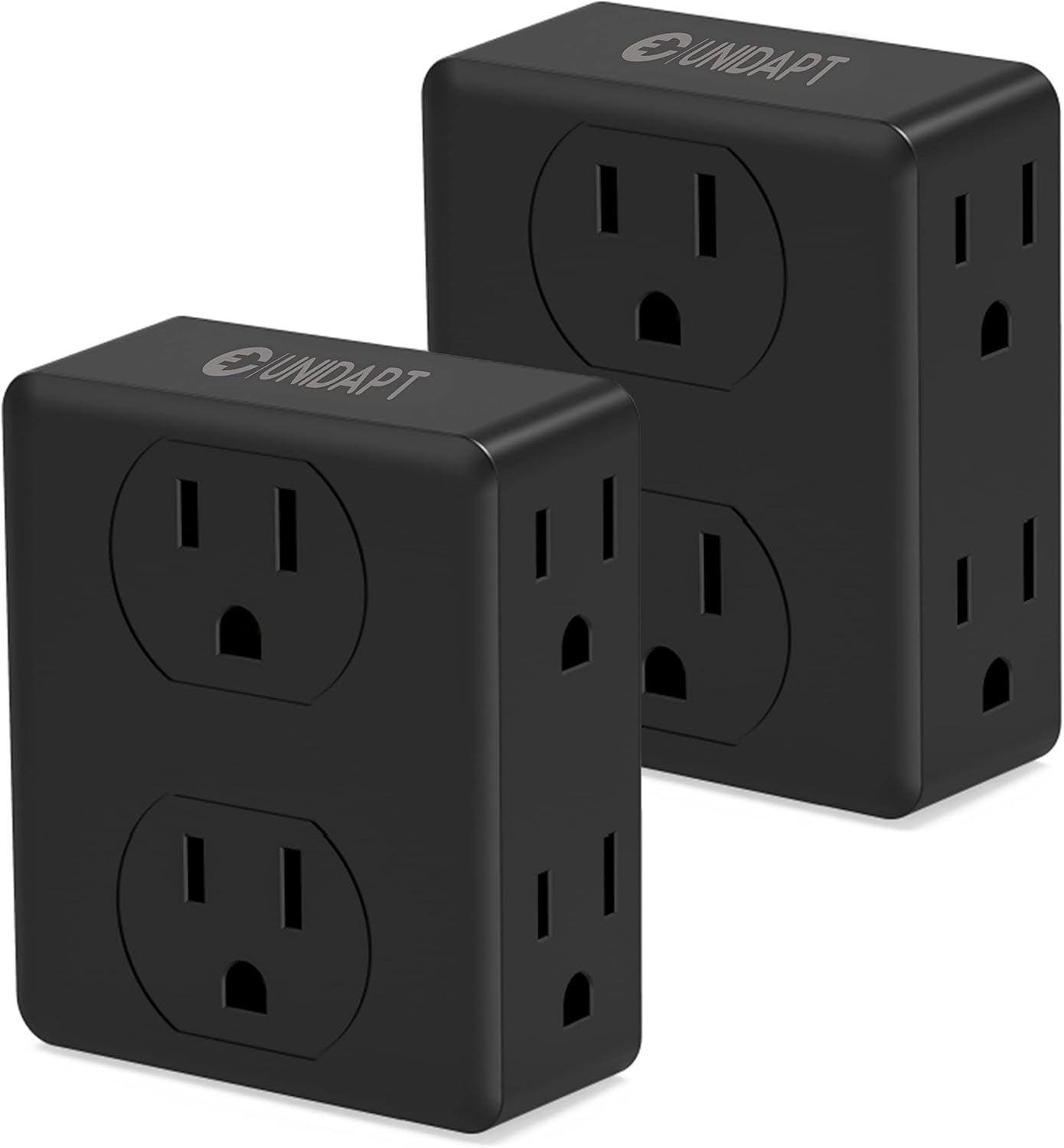 Multi Plug Outlet Splitter, Unidapt Multiple Outlets Extender Adapter with 6 AC Sockets, Side Splitter Box, Wall Power Plug Expander for Home Hotel Office Dorm Essentials, 2-Pack (Black)