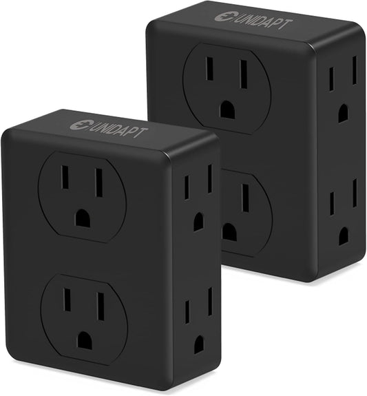 Multi Plug Outlet Splitter, Unidapt Multiple Outlets Extender Adapter with 6 AC Sockets, Side Splitter Box, Wall Power Plug Expander for Home Hotel Office Dorm Essentials, 2-Pack (Black)