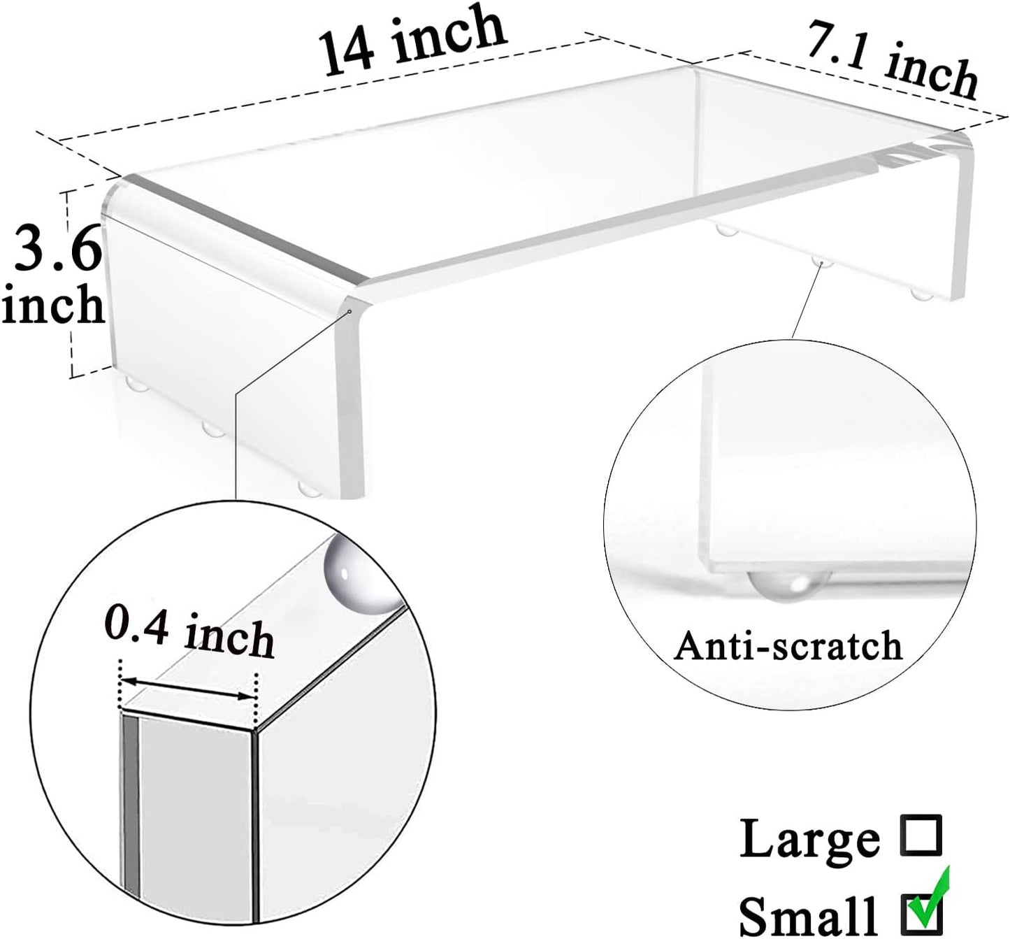 Clear Monitor Stand Riser, Computer Monitor Stand/Acrylic Monitor Riser for Home Office Laptop, PC Desk Stand for Keyboard Storage & Multi-Media Laptop Printer TV Screen (14"/7.1"/3.6")