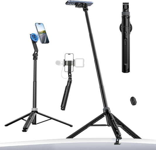 ULANZI TT88 Magnetic Tripod for iPhone, 57" Extendable Selfie Stick with Remote, 2-in-1 Phone Clip & Dual Cold Shoe Mounts - Lightweight Phone Tripod Stand for Vlogging, Travel, Video Recording, Black