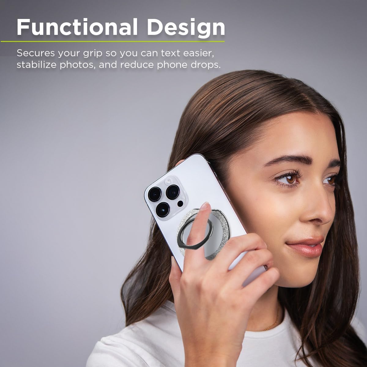 PureGear Magnetic Phone Grip Ring Stand, Magnetic Phone Ring Holder for MagSafe iPhone 16, 16Pro, 16Plus, 16ProMax, 15, 15Plus, 14, 14ProMax, 13,12, Adjustable Kickstand((Brushed Black Silver Glitter)