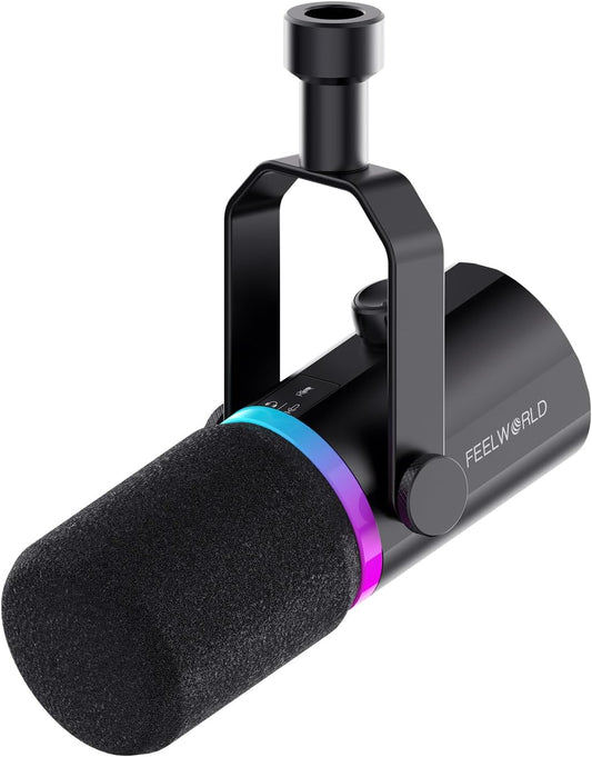 FEELWORLD PM1 XLR USB Dynamic Microphone Gifts for Podcast Recording PC Computer Gaming Live Streaming Vocal Voice-Over, Studio Metal Mic with Voice-Isolating, RGB Light, Mute Button, Headphones Jack