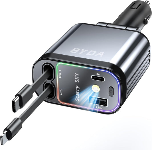 4 in 1 Retractable Car Charger for iPhone,69W USB-C Fast Car Charger with Starry Light, for Car Charger Adapter iPhone16/15/14/13/12,Android,Pixel,Cigarette Lighter Adapter(ForLightning+USB-C)