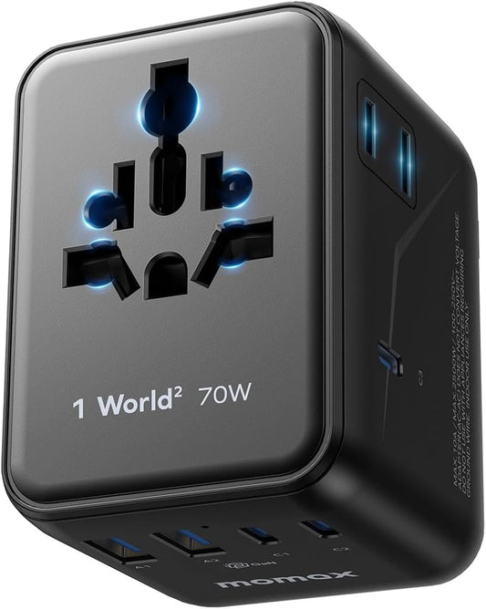 MOMAX Mini Universal Travel Adapter, GaN 70W International Power Adapter, 2 AC, 3 USB-C PD Fast Charging & 2 USB-A QC, Travel Essentials for All European Travel Plug Adapter UK AUS JP