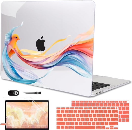 Compatible with 2021 2020 2019 2018 MacBook Air 13 inch Case M1 A2337 A2179 A1932, Pattern Plastic Hard Shell Case & Screen Film & Keyboard Cover for MacBook Air 13 M1 Touch ID, Ribbon Bird
