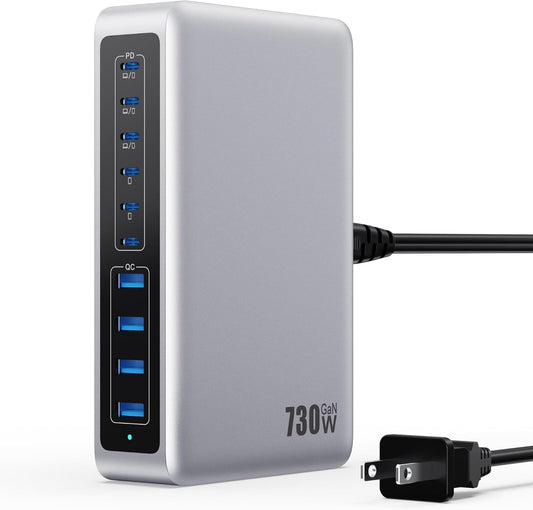 730W USB C Charger Block,10-Ports GaN V Fast Charging Station Hub,QC4.0+3 PD 100W Laptop Charger Wall Power Adapter for MacBook Pro/Air,DELL,iPhone 16/15/14/13,iPad,Galaxy S25,Pixel,Steam Desk-Silver