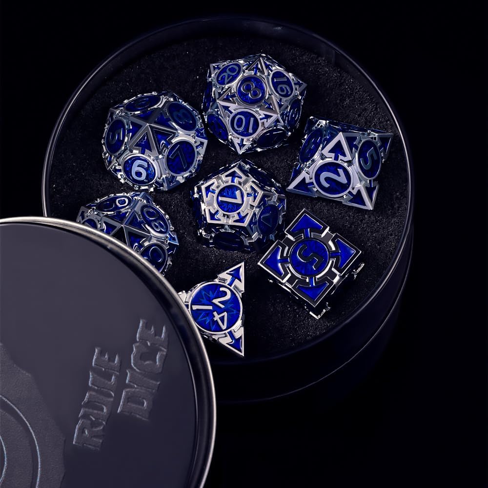 RULE DND Dice Set Metal Blue Solid Weighted D&D Dungeons & Dragons Polyhedral D20 D4 D12 D10 D% D8 D6 with Gift Box