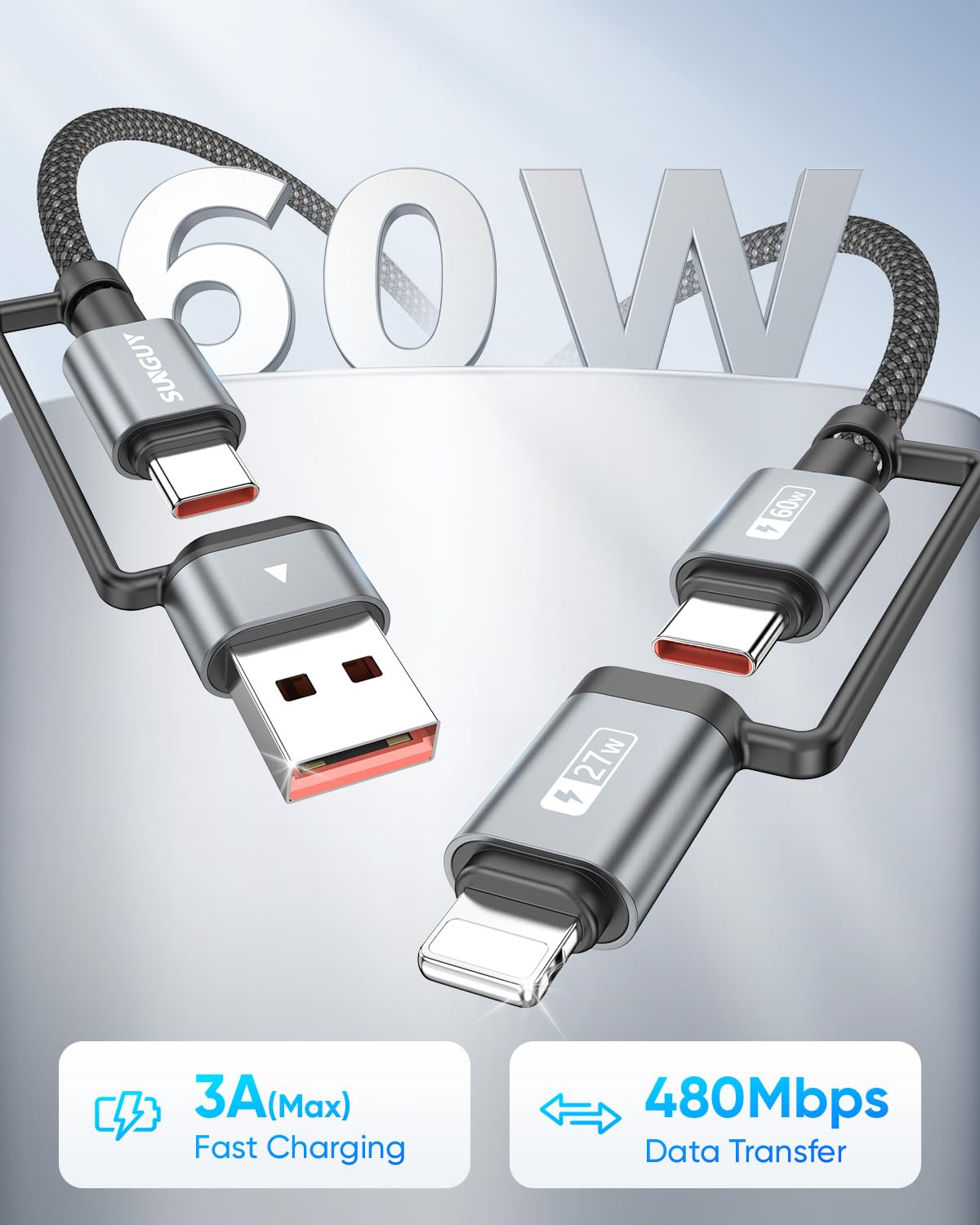 SUNGUY 4 in 1 Charging Cable 2FT [2 Pack], 60W Multi Charging Cable, USB-C/A to Lighting/C Cord for iPhone 16/15/14 Pro/iPad/MacBook/Samsung Galaxy S25/S24/Tablets