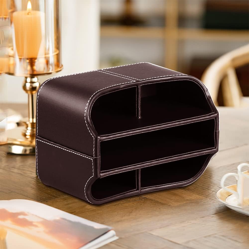Fanousy 360° Rotating Remote Control Holder, PU Leather TV Remote Caddy Organizer Basket Storage Box with 5 Compartments for Pen, Pencil, Art Supplies, Makeup Brush, Office Desk Table Accessories