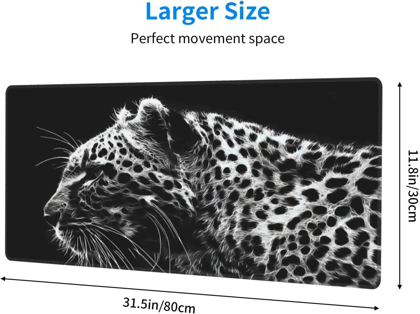 Black and White Gaming Mouse Pad 31.5 x 11.8 Inch Extended Large Mouse Pad with Non-Slip Base and Stitched Edges for Gamer Home Office, Black Leopard