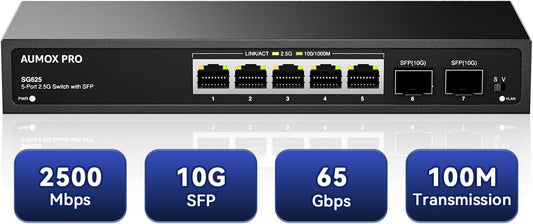 7 Port 2.5Gb Unmanaged Ethernet Switch with 5* 2.5G Base-T Ports, 2*10G SFP Ports, AUMOX PRO 65 Gbps Vlan Switching Capacity Compatible with 100/1000/2500Mbps Plug and Play