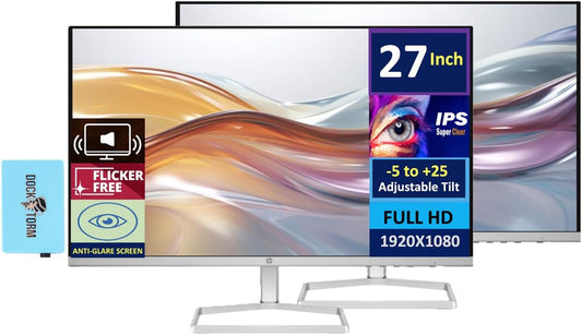 HP Series 5 527sa Monitor with Speakers (Replaces M27fwa) 27" 100Hz IPS FHD 99% sRGB 300 Nits Display, Adjustable Tilt, Flicker-Free, Anti-Glare, White/Silver w/DKZ USB Port Expander (2 Pack)