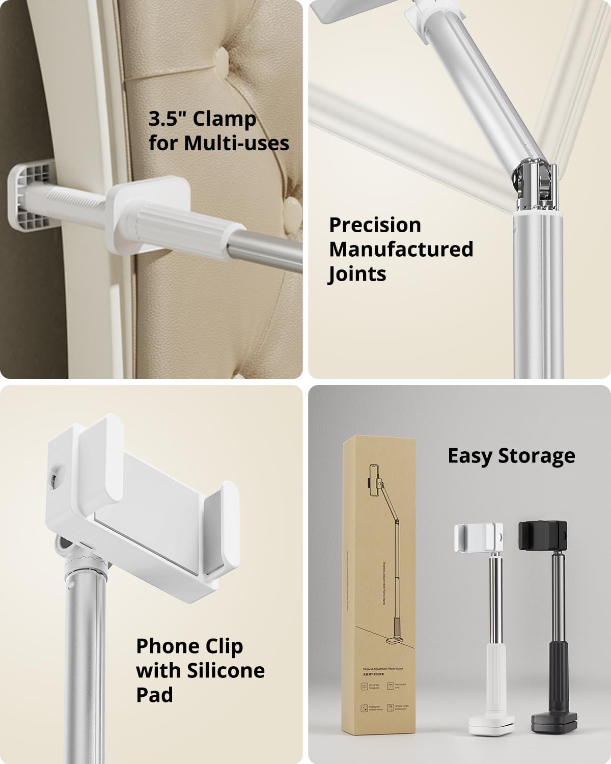 Phone Holder for Bed, 360° Rotation Cell Phone Stand, Flexible Long Arm Headboard Bedside Clip, Multi-Functional Overhead Phone Mount for 3.5-11" Phones, Tablets, Kindle, White