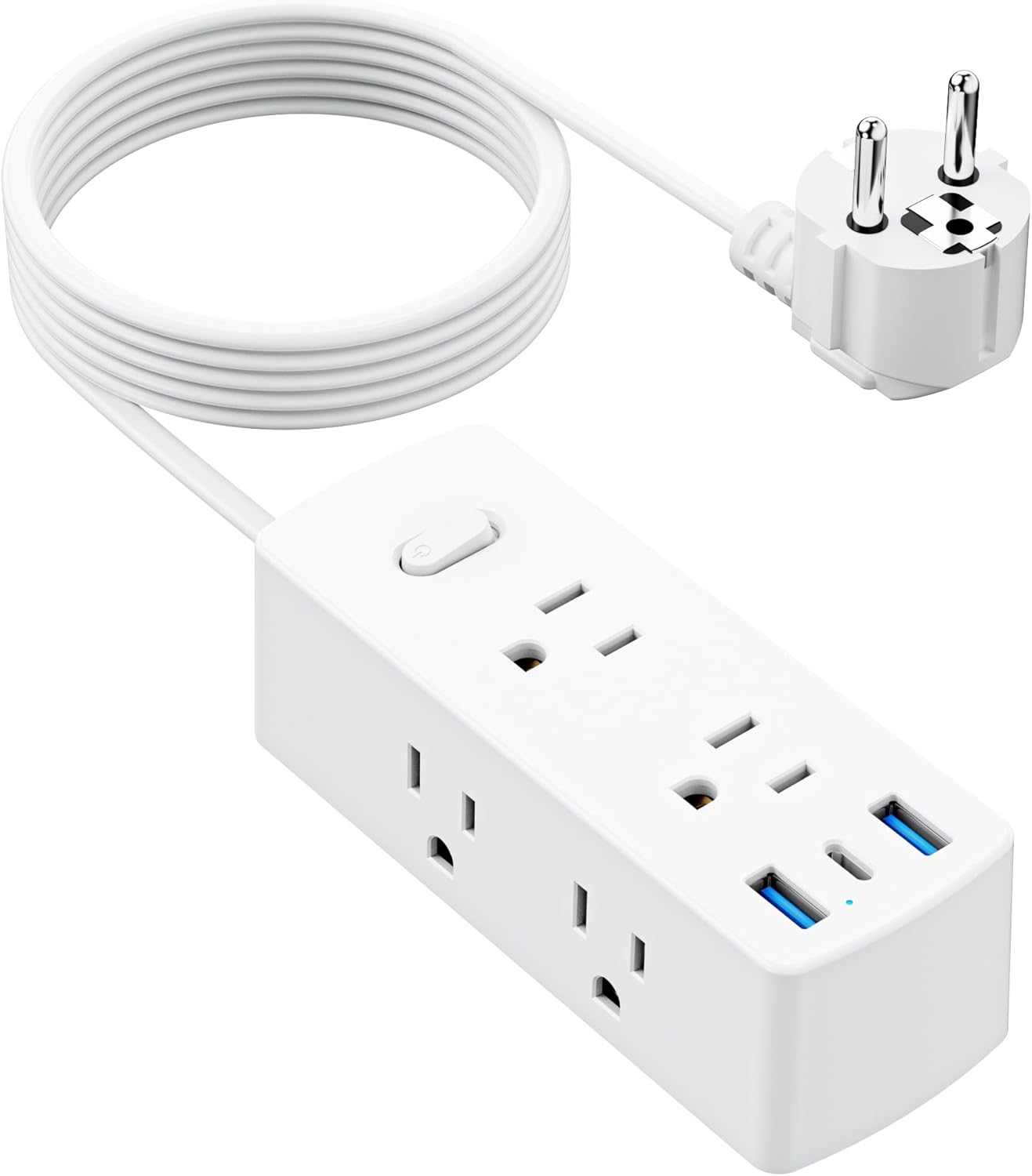 European Travel Plug Adapter, Olcorife US to Europe Type E/F Plug Adapter, International Power Strip with 6 Outlets and 3 USB(1 USB-C), 5 FT Cord for Germany France Iceland Spain