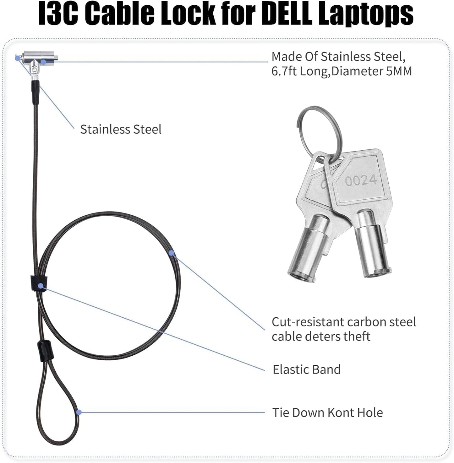 I3C Laptop Cable Lock Hardware Security Cable Lock Anti Theft 6.7FT Cable Lock Compatible with Laptop Anti-Theft Security Locking Cable Compatible for Wedge Type Slot(6 * 2.5mm)