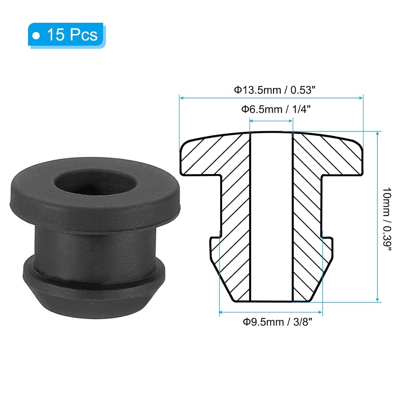 PATIKIL 9.5mm / 3/8 Inch Drill Hole,1/4 Inch ID Rubber Grommets, 15Pcs Top Hat Grommet for Wiring Eyelet Ring Gasket Automotive Firewall Cable Hole Plugs Wires Protection, Black