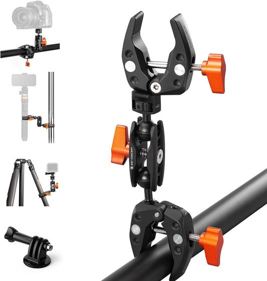K&F CONCEPT Double Super Clamp Camera Mount with 1/4" Threads Metal Clamp for Chair, Pole, Tripod, Desk, Flag, Umbrella, Motorcycle Mount