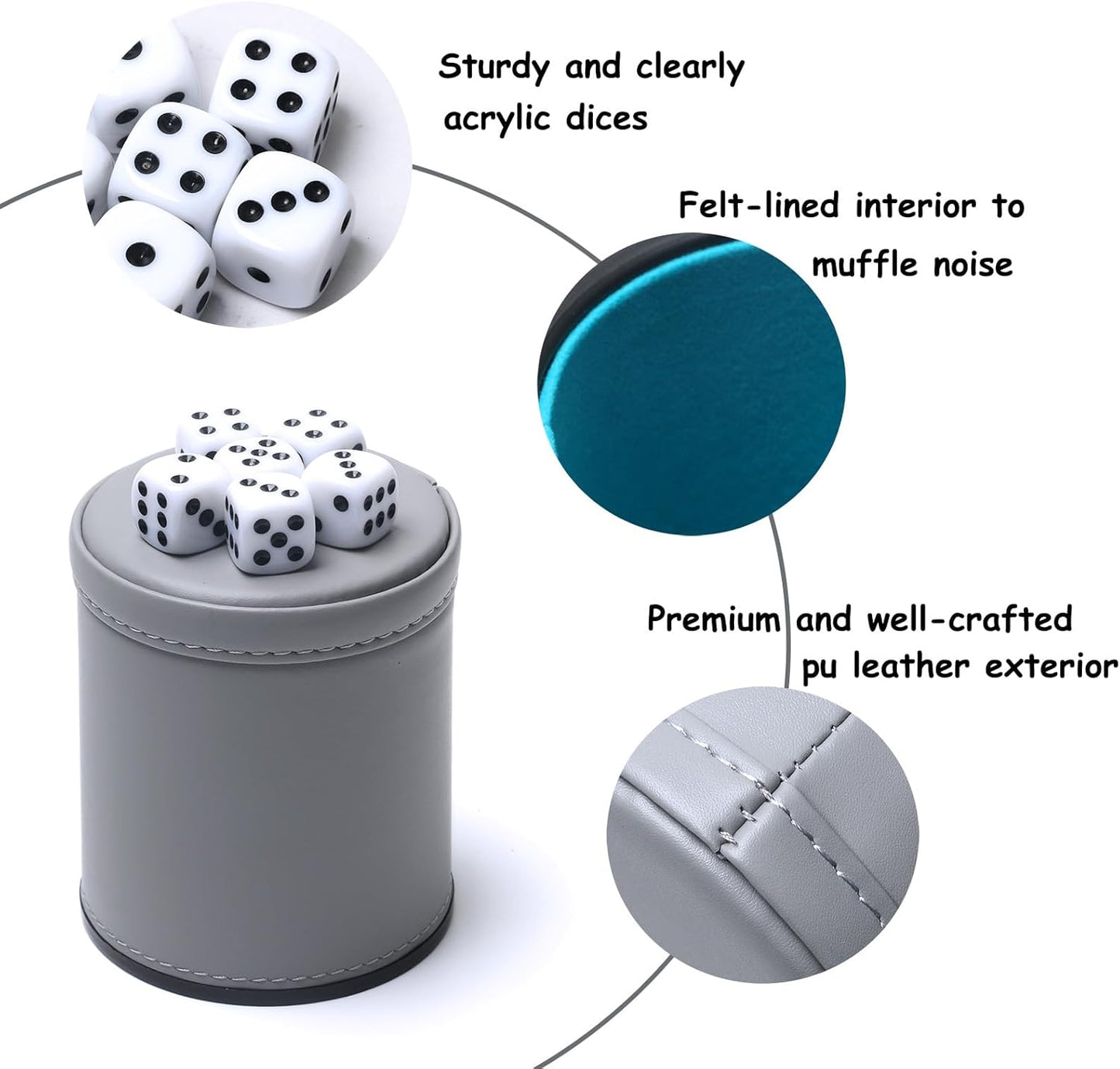 5 Pack PU Leather Dice Cups Felt Lining Quiet Shaker with 30 Dot Dice for Bar Party Yahtzee Farkle Dice Games, Grey