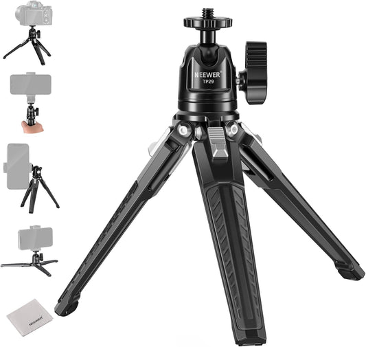 NEEWER Mini Desk Tripod, Metal Table Top Small Portable Travel Selfie Stick Stand with 360° Ball Head & 1/4" Screw for Camera Mobile Phone Holder Action Cam, Cleaning Cloth, Max Load 6.6 lbs, TP29