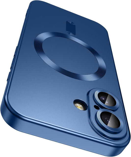 Magnetic for iPhone 16 Case [Compatible with MagSafe][Built-in Camera Lens Protector] Slim Soft Silicone Bumper Shockproof Metallic Luster Phone Case (Blue)