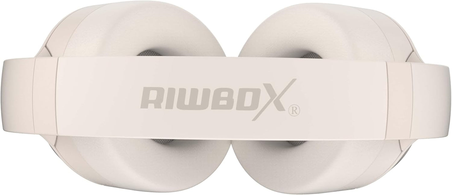 Riwbox Hybrid Active Noise Cancelling Headphones, Wireless Bluetooth Headset Over Ear, 60H Playtime, High-Fidelity, Foldable, Comfort&Immersion for Work, Commuting (White)