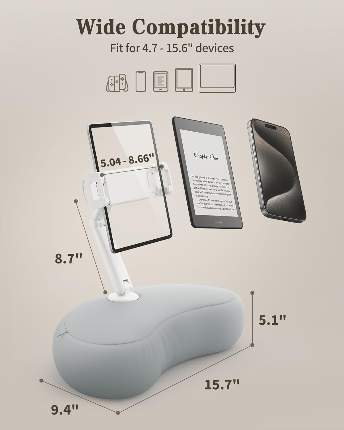 SAIJI Kindle Pillow Stand, iPad Stand Compatible with 4.7”-15.6” Kindle, Phone, iPad, 360° Adjustable Tablet Holder for Bed with Flexible Dual Axis Arm and Microbead Cushion (Gray)