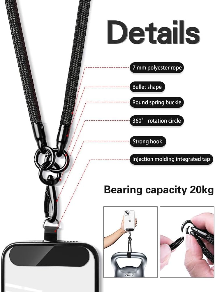 Phone Lanyard, 3-in-1 Anti Theft Phone Straps -Crossbody Lanyard, Neck Holder & Wrist Strap, Detachable Universal Cellphone Strap with 1 Tap, Durable Hook-Black