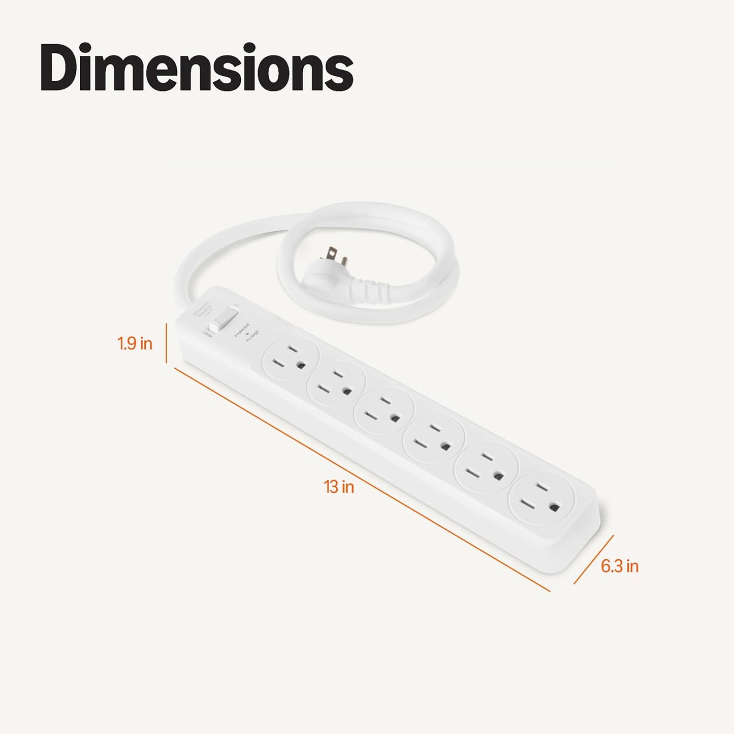 Amazon Basics Rectangle 6-Outlet, 600 Joule Surge Protector Power Strip, 2ft, Small, White, 2-Pack