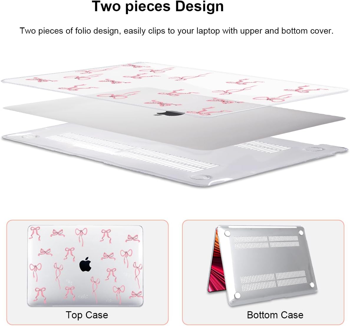 for MacBook Pro 13 Inch Case 2022 M2 2020 2021 A2338 M1 A2251 A2289 with Touch Bar & Touch ID, Pattern Plastic Hard Case Keyboard Cover Screen Protector Webcam Cover Brush, Pink Bowknot