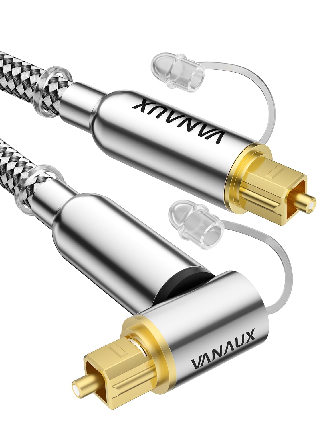 VANAUX 90-Degree Optical Audio Cable 10FT,Premium Fiber Optic Toslink Cable(24K Gold-Plated Connectors,Aluminum Alloy Shell,Braided Jacket)Ideal for Tight Spaces,Home Theater,Soundbars,Gaming Consoles