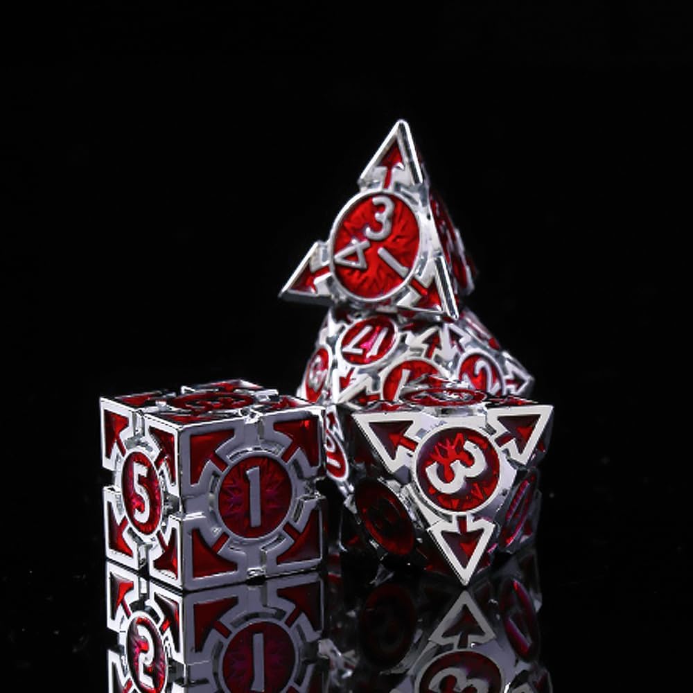 RULE DND Dice - Metal Polyhedral Set, Large Role Playing, Red Weighted Metallic, MTG RPG Dice with Gift Box