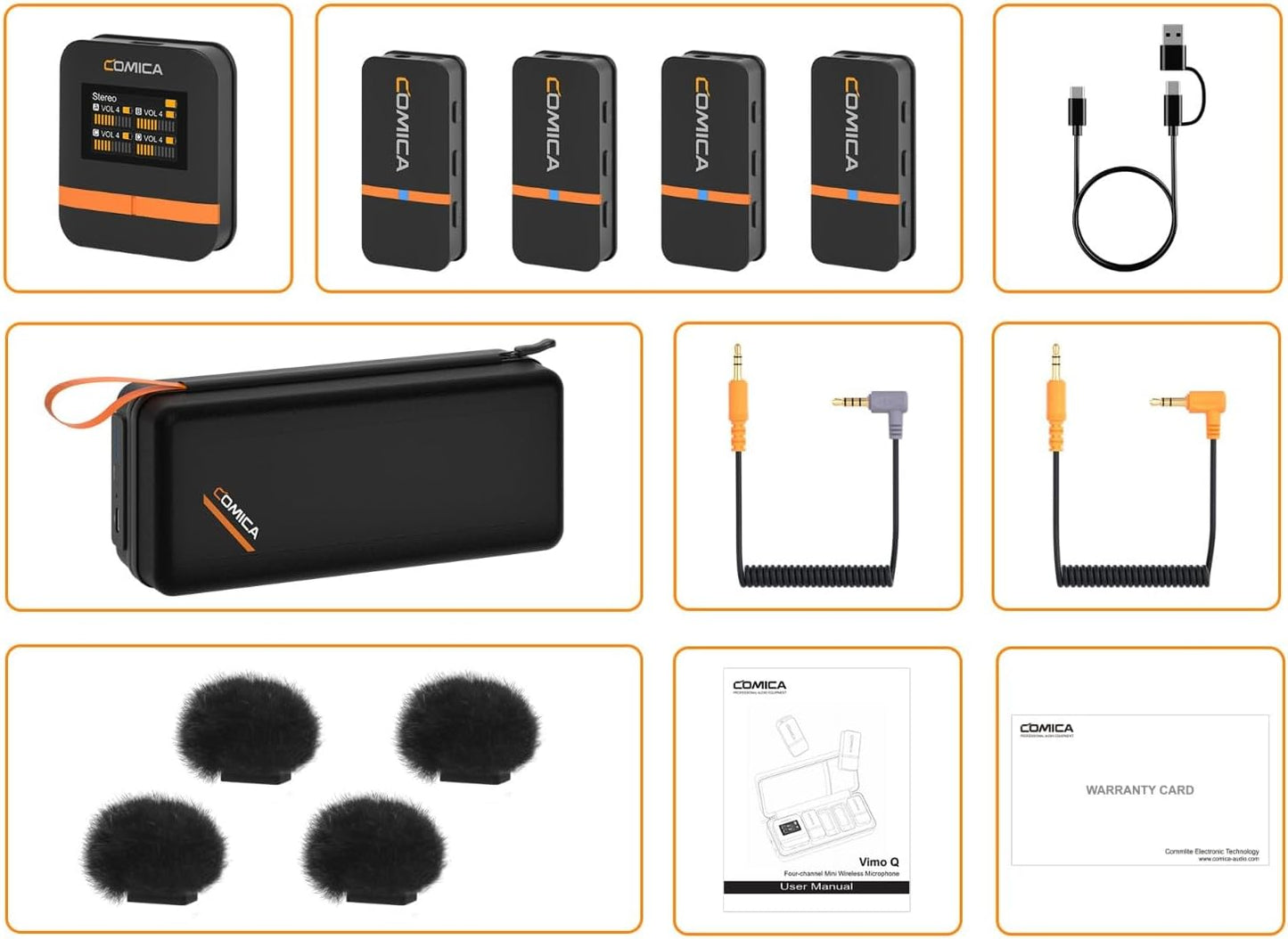 COMICA Vimo Q Four-Channel Mini Wireless Lavalier Microphone System with 4 Transmitters and 1 Receiver with Charging Case for Phone Video Recording Interview Youtubers Vloggers