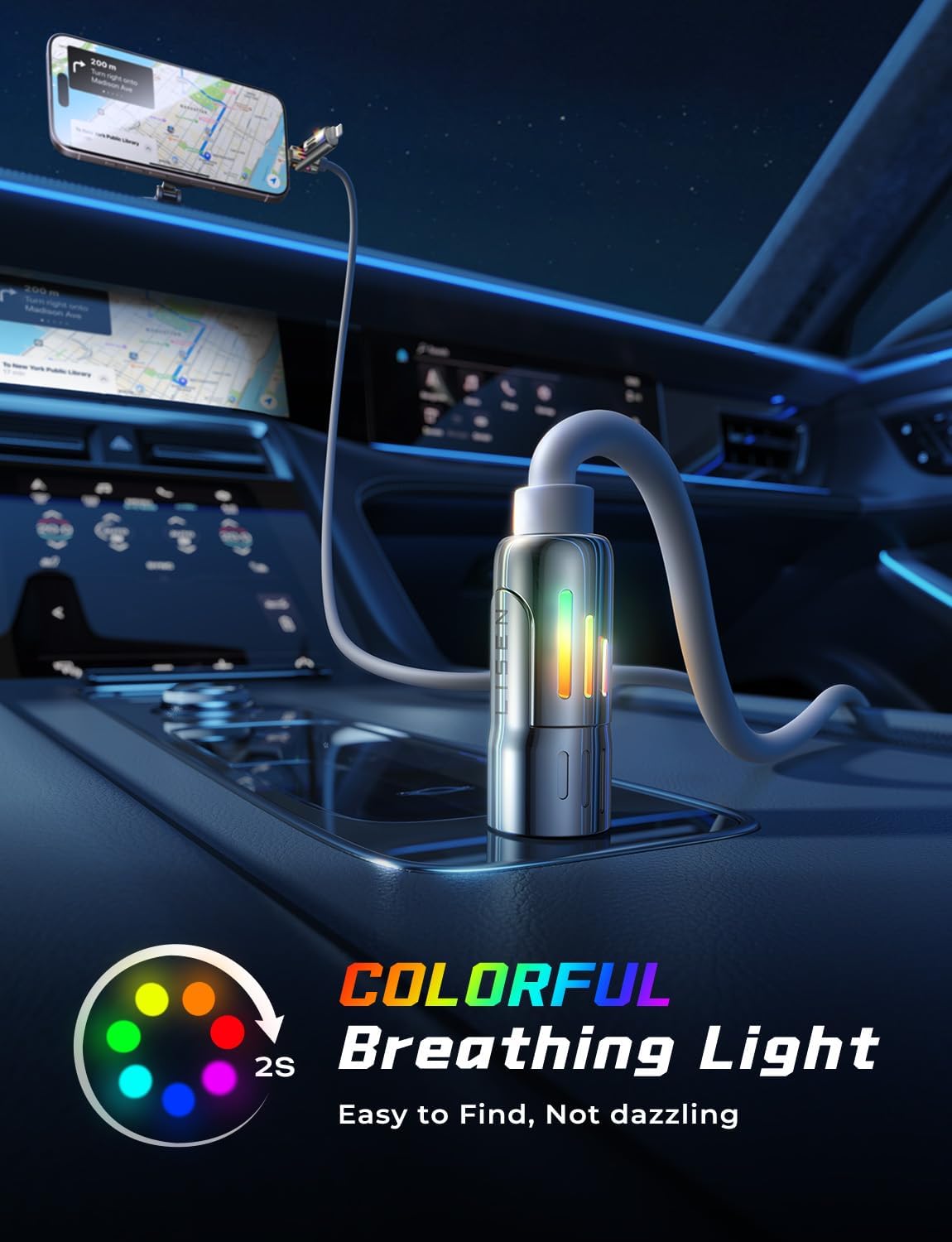 LISEN Car Carplay Cable for iPhone 15/16e/16 Pro Max/Plus(3.3FT), 4 in 1 Chubby USB C with Light, USB A/C to C/L Multi Charging Cable for 14 13 12/MacBook/iPad Pro/SamSungS25,Grey