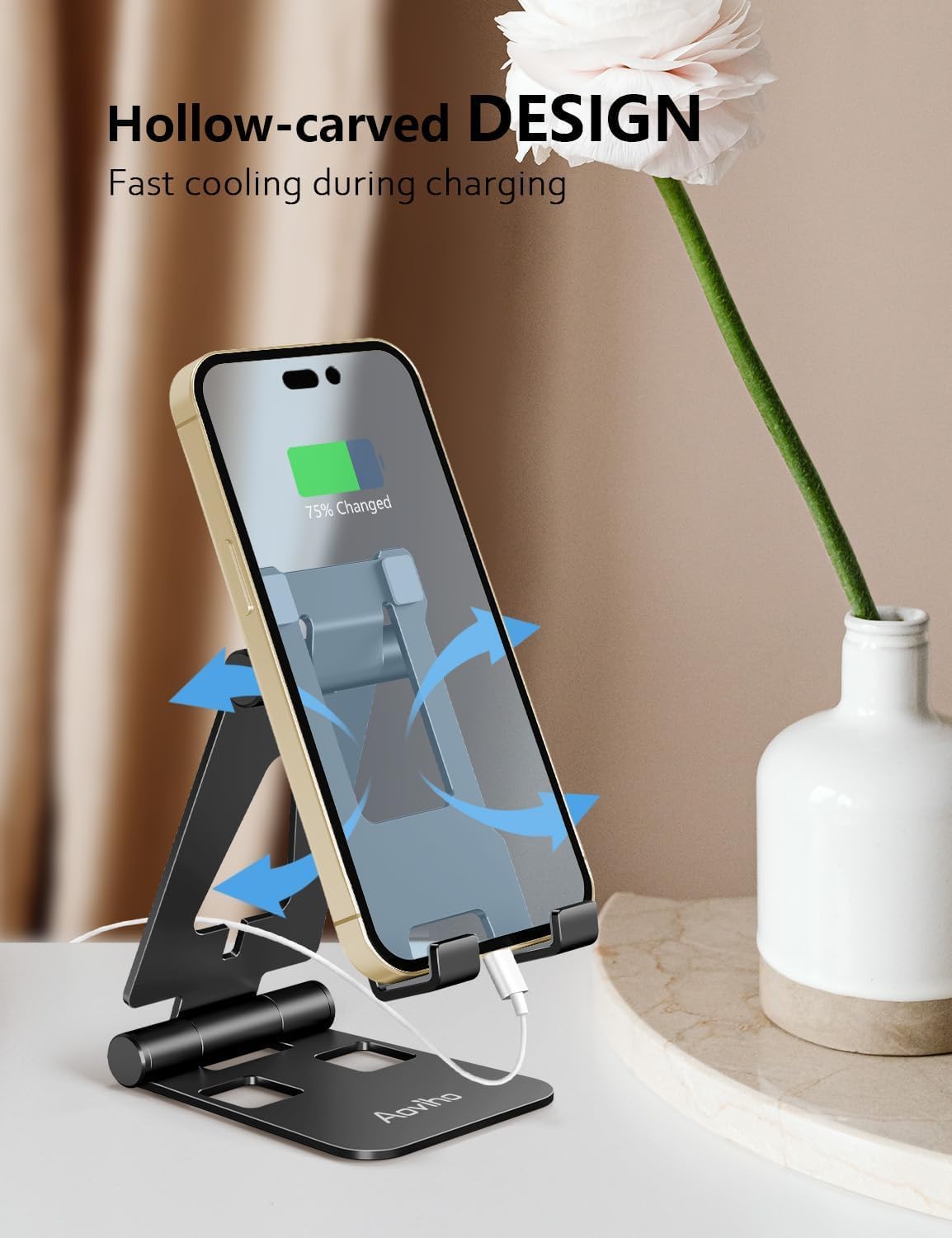 Cell Phone Stand for Desk, Adjustable Desktop Phone Holder Stand, Foldable Moblie Phone Dock for iPhone 15 14 13 12 11 Pro Xs Max Xr X 8 7 6 5 5s SE Nintendo Switch All Phones, Black