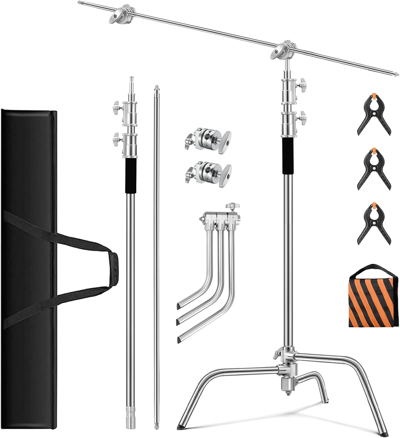Heavy Duty C Stand 10.8ft/330cm with Holding Arm Carry Bag Sandbag 3*Clip 2*Grip Head Stainless Steel Photography Light Stand C-Stand Sturdy for Photography Studio Video Monolight Softbox Shooting