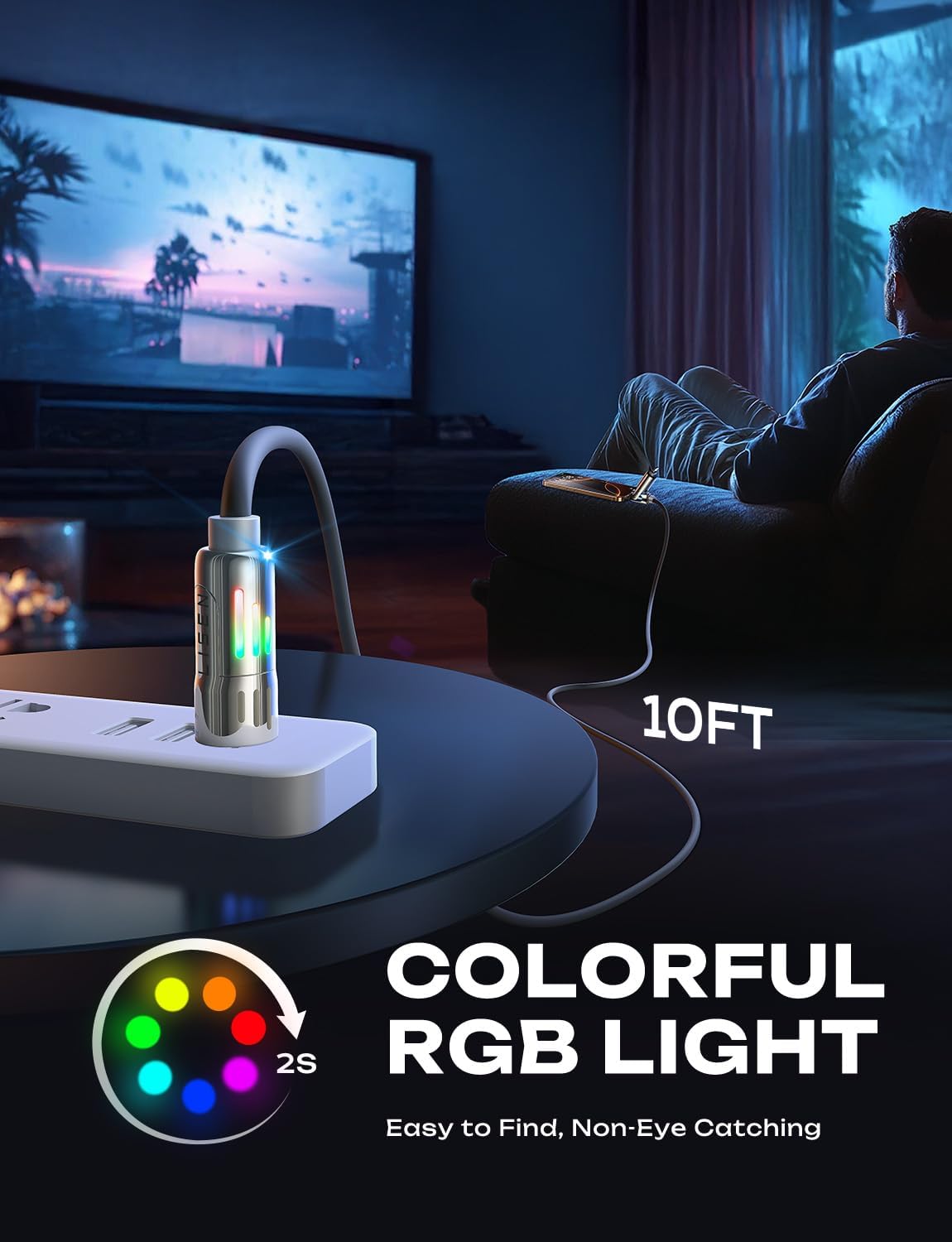 LISEN 10 FT USB C Cable Fast Charging, 240W 4 in 1 Charging Cable, Chubby Type C/A to C/Lightning Cable with Light for iPhone 16 15 14 Pro/MacBook/iPad/Samsung/Switch, Multi Chargers for All Devices