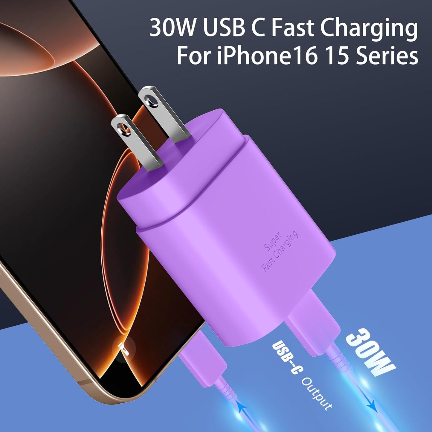 Phone 16 15 Charger Fast Charging,16 Pro Charger,30W USB-C Fast Charger Block & 6.6Ft USB C to C Fast Charging Cord for Phone 16 15 Pro/16 15 Pro Max/15 Plus,Pro 12.9,Samsung Galaxy S24 Ultra,Purple