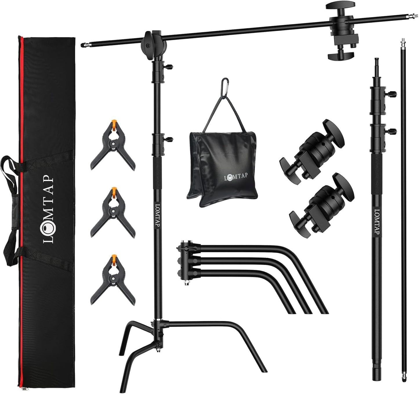 LOMTAP C Stand Light Stand Stainless Metal Photography Kit - Heavy Duty 6.8ft/210cm Vertical Pole, 2.8ft/87cm Boom Arm, Adjustable Base, Water Sandbag, 2 Grip Heads, 3 Clips for Softbox, Reflector